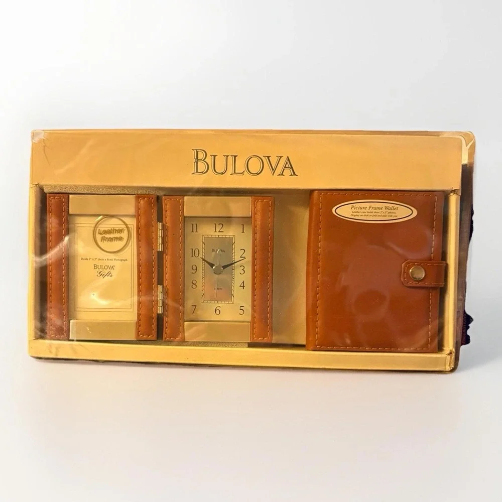 Bulova Gift Box Tan Leather Picture Frame L, Photo Album And Clock In Box New